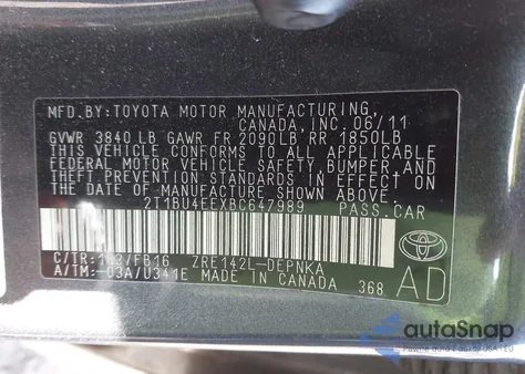 2011 Toyota Corolla Le из США, поврежденный, VIN 2T1BU4EEXBC647989